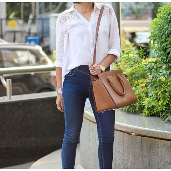 Michael Kors Large Saffiano Leather Selma Satchel Handbag Luggage Brown - Picture 1 of 16